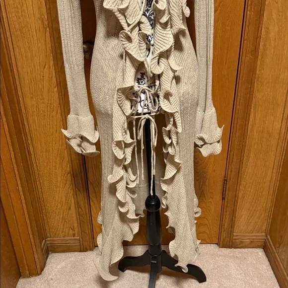 Boston Proper Tan Waterfall Ruffled Longline Cardigan with Ties Lightweight Med - Picture 5 of 11